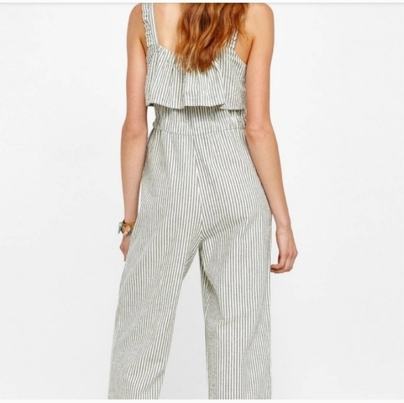 Zara Women SZ XS Jumpsuit Gray Stripe Ruffle Tassel Tie Strappy Wide Leg Pockets - Picture 4 of 13